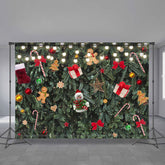 Aperturee - Snowman Gifts Pine Leaves Green Xmas Deco Backdrop